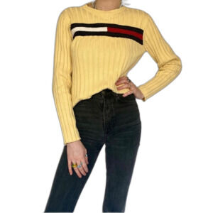 Tommy Hilfiger Pastel Yellow Colorblock Y2K Vintage Ribbed Sweater Size XL